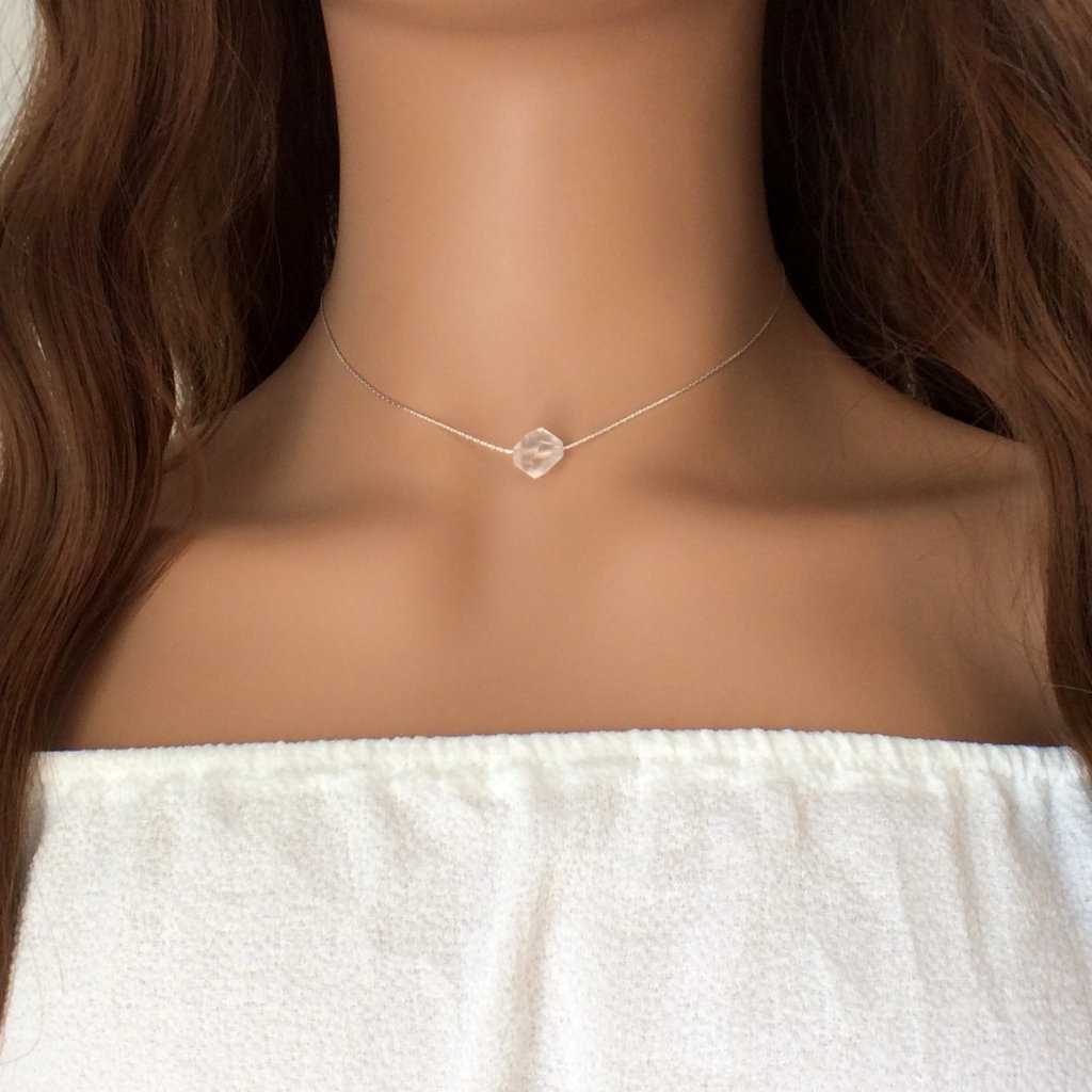 Rose Quartz Choker Necklace, Sterling Silver, Crystal Healing, Pink